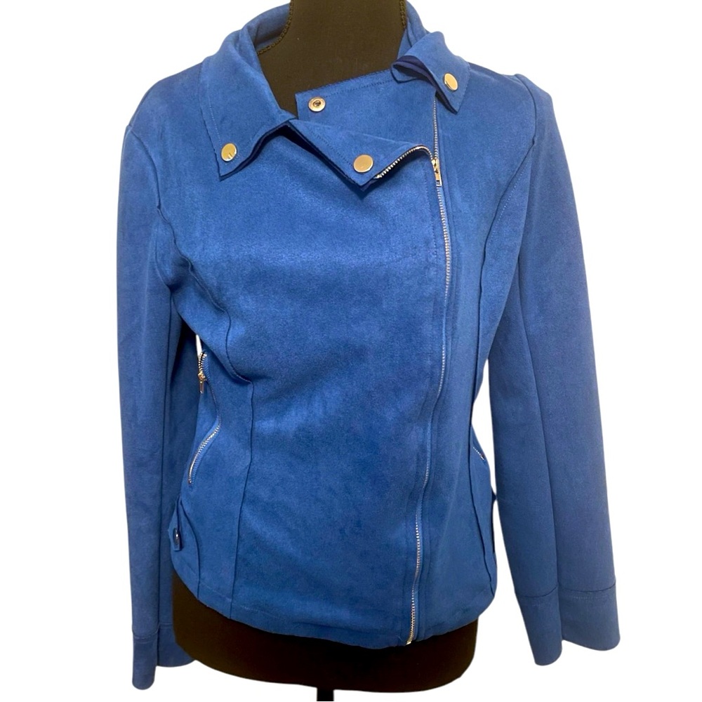 Blue suede jacket. Super cute, soft, and cozy biker style jacket.